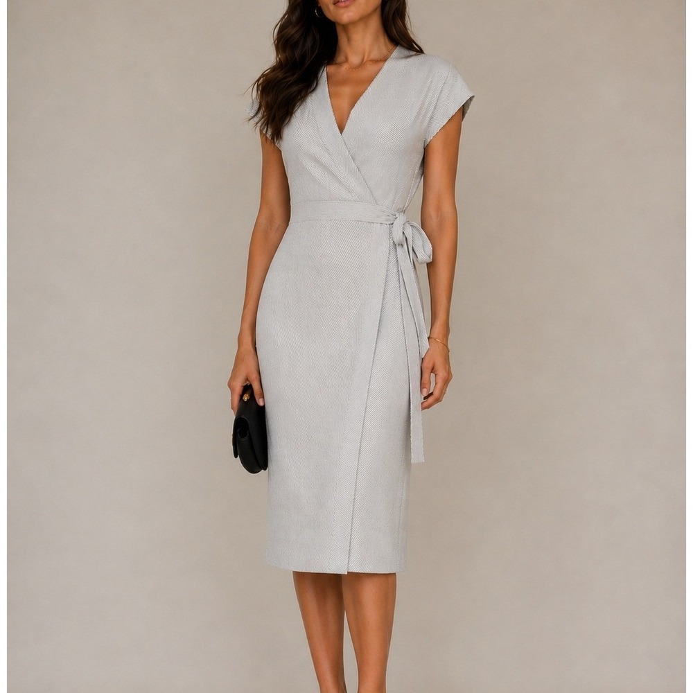 Athleta Newport Wrap Dress Gray White Stripe Midi Career Travel Medium - Picture 1 of 9
